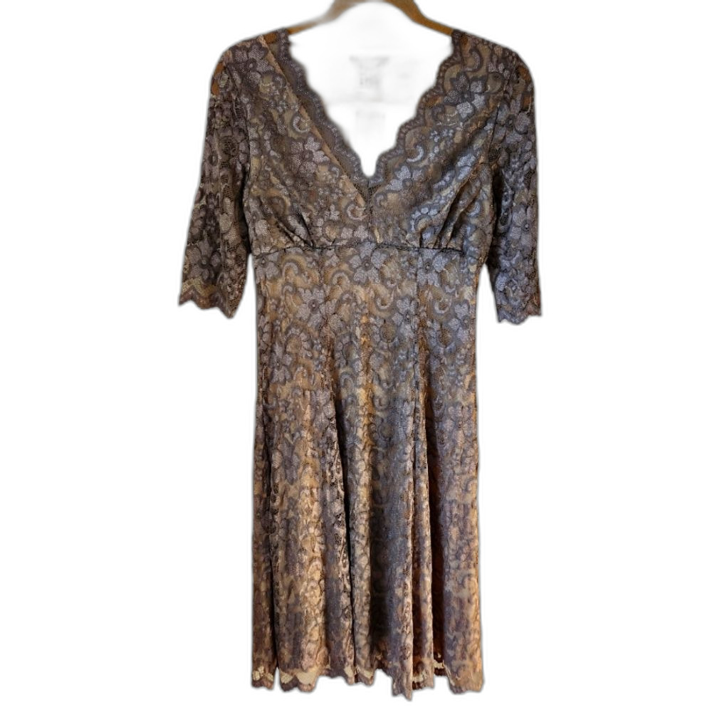 Y2K BCBG Dress Lace Empire 3/4 Sleeve Brown Formal Metallic Fit Flare Short XS
